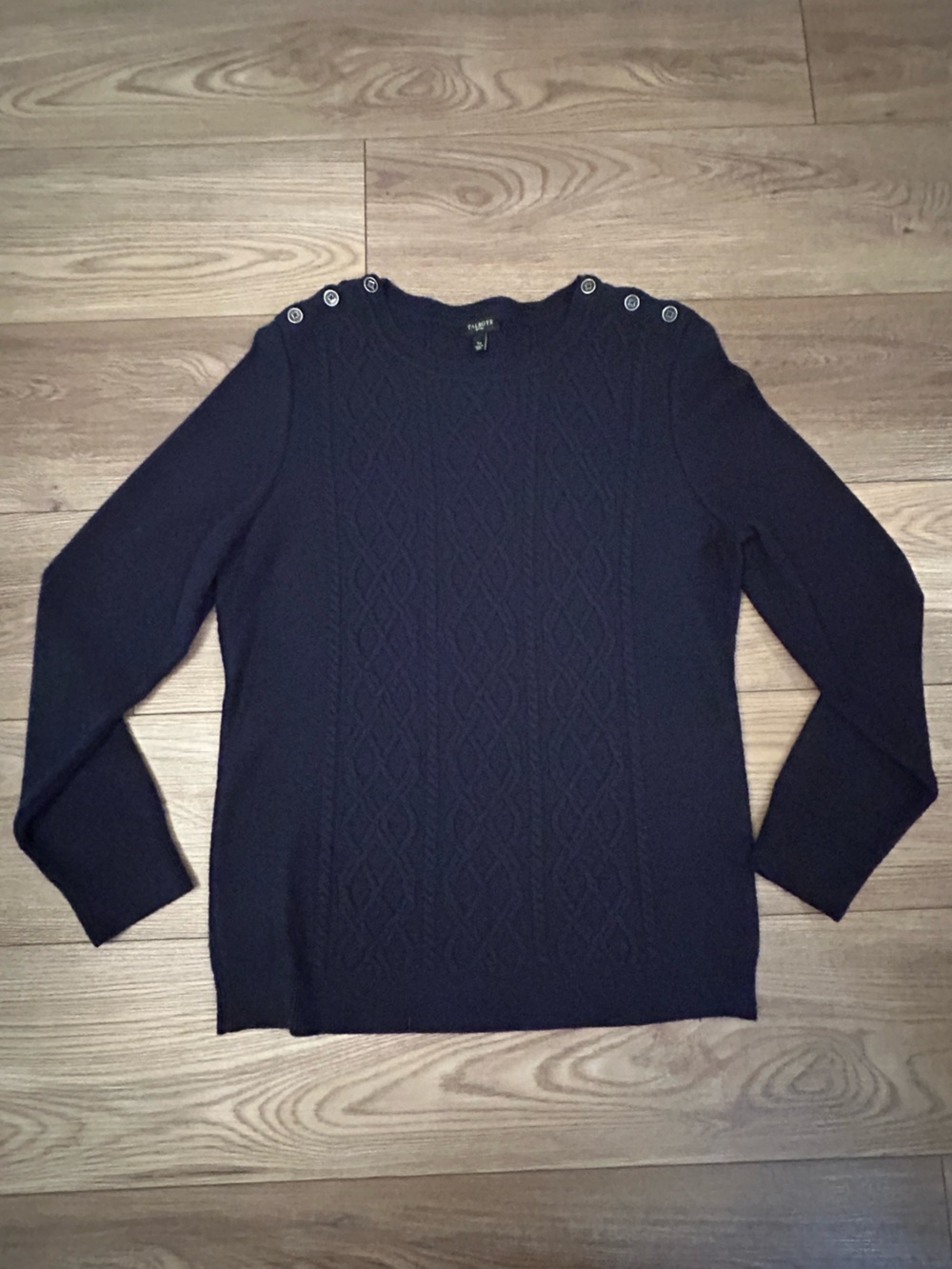 Talbots Petites LP Navy Lambswool Blend Button Shoulder Sweater